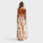 Maxikleid mit offener Rückseite und Bindebändern, Blumenprint auf apricotfarbenem Stoff