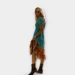 Boho-Midikleid türkis mit braunem Saum und angesetzter Taille, seitlicher Blick