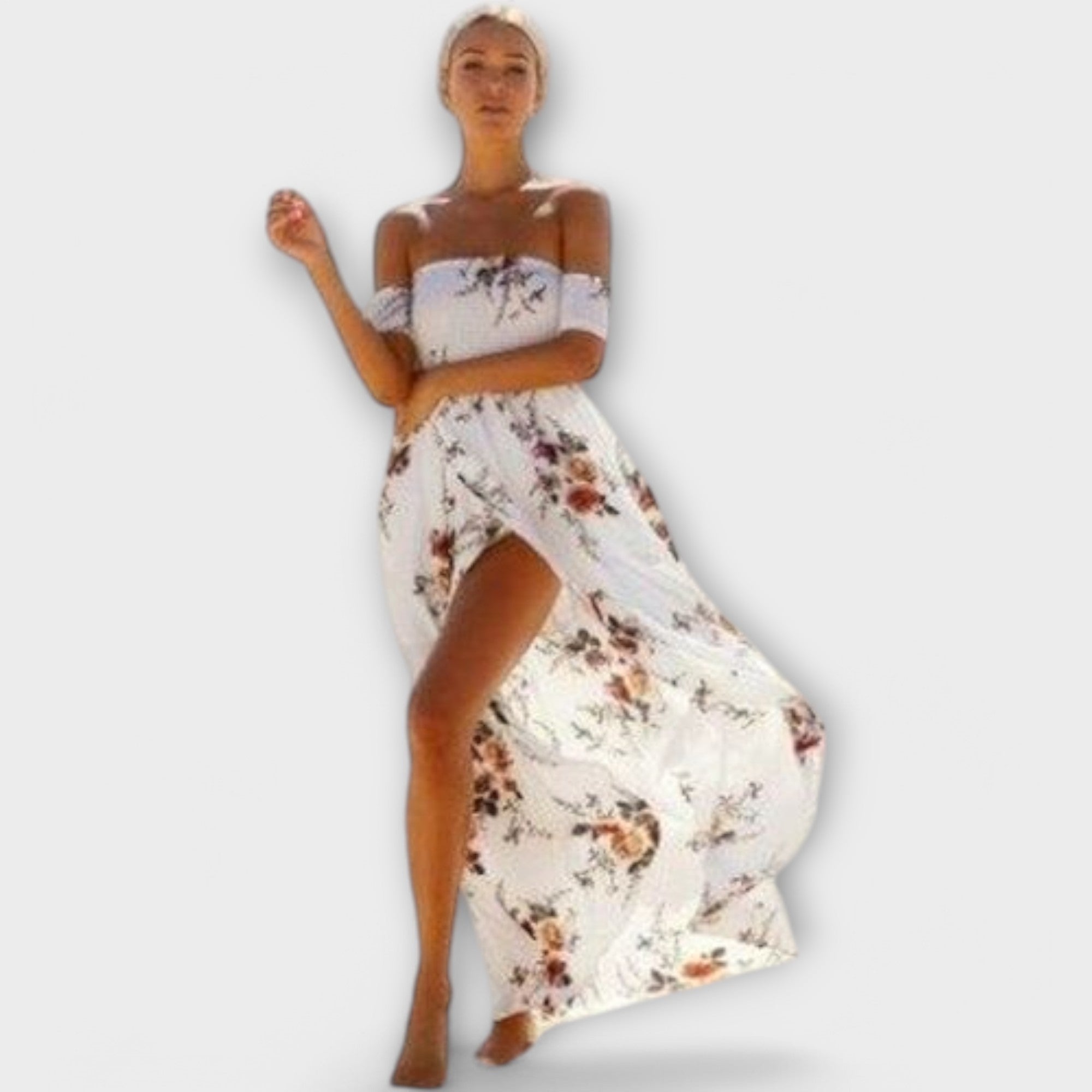 Schulterfreies Midikleid, cremefarben mit Blumenmuster, fließender Schnitt