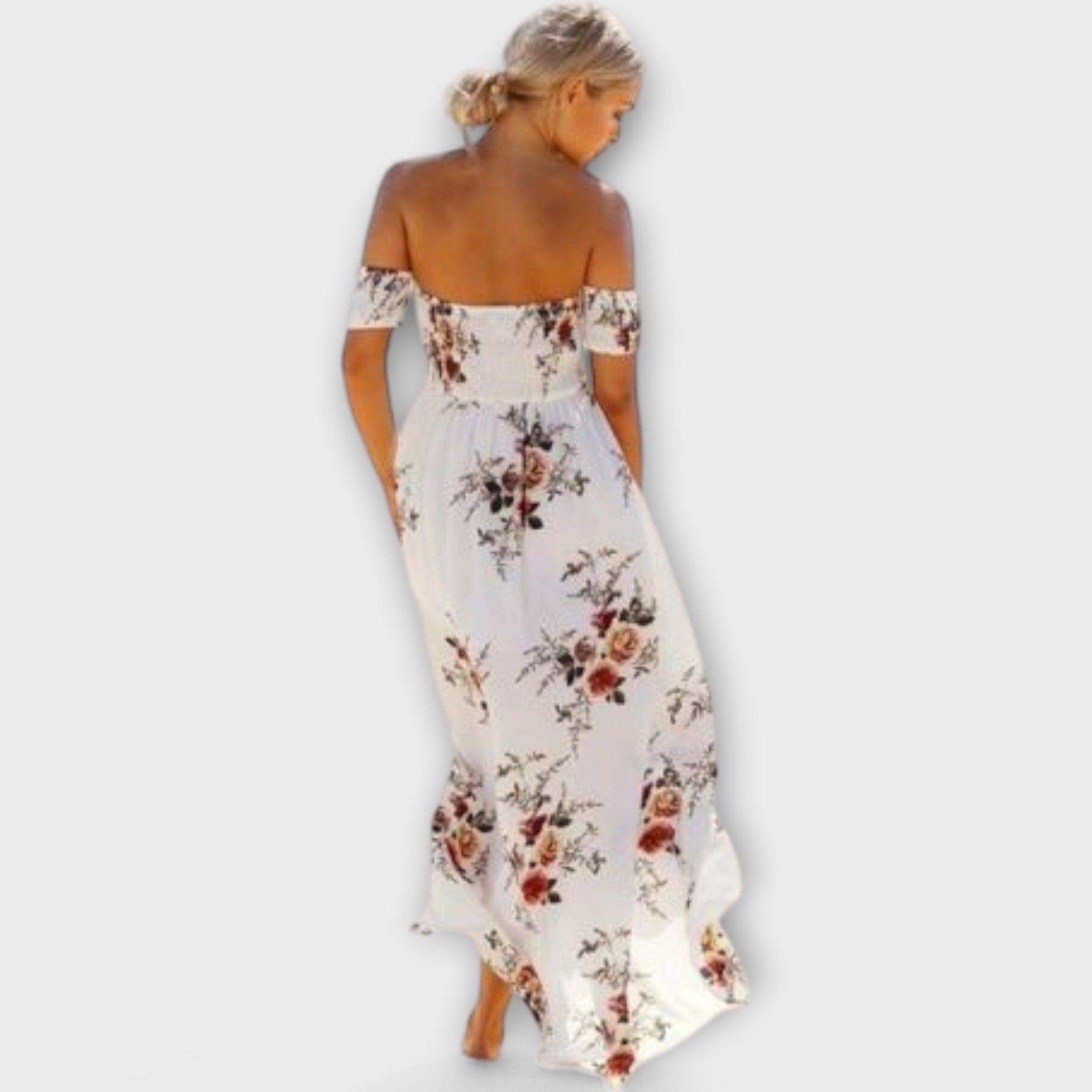 Rückansicht: schulterfreies Midikleid in Creme mit Blumenprint, ärmellos