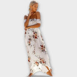 Midikleid mit Blumenmuster in Creme, schulterfrei, langer fließender Rock
