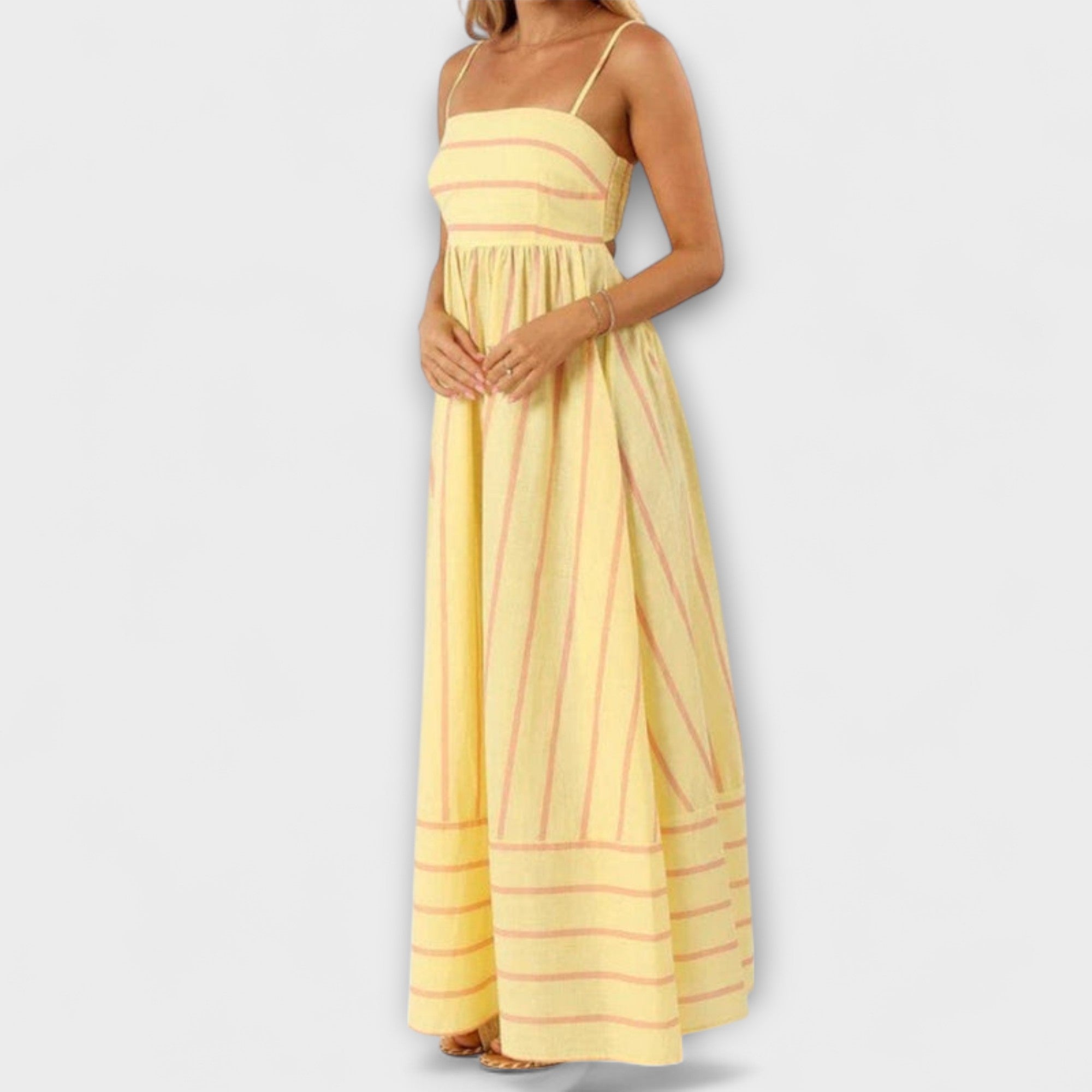 Maxi-Kleid in Gelb mit dünnen Trägern, Streifenoptik und luftiger Rockpassform