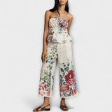 Sommer-Set: schulterfreies Blumenmuster-Top mit Rüschen & weite Hose