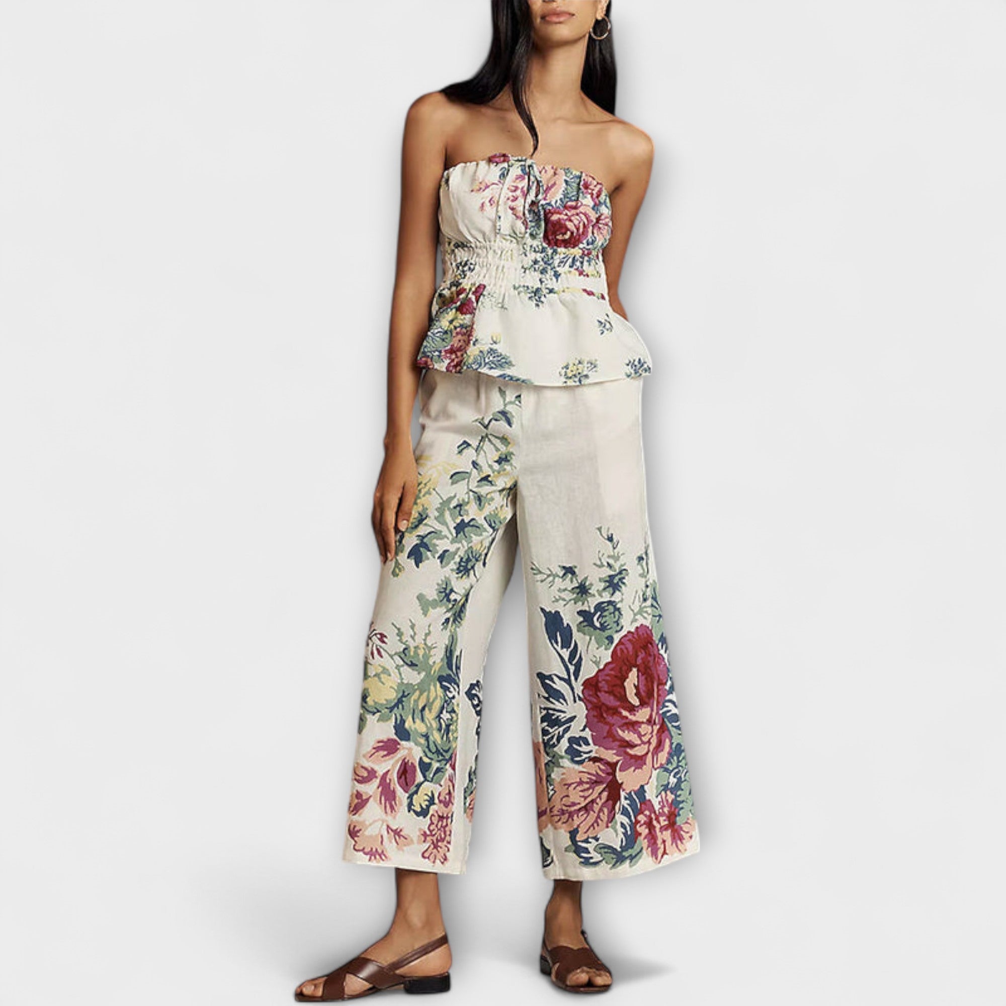 Sommer-Set: schulterfreies Blumenmuster-Top mit Rüschen & weite Hose