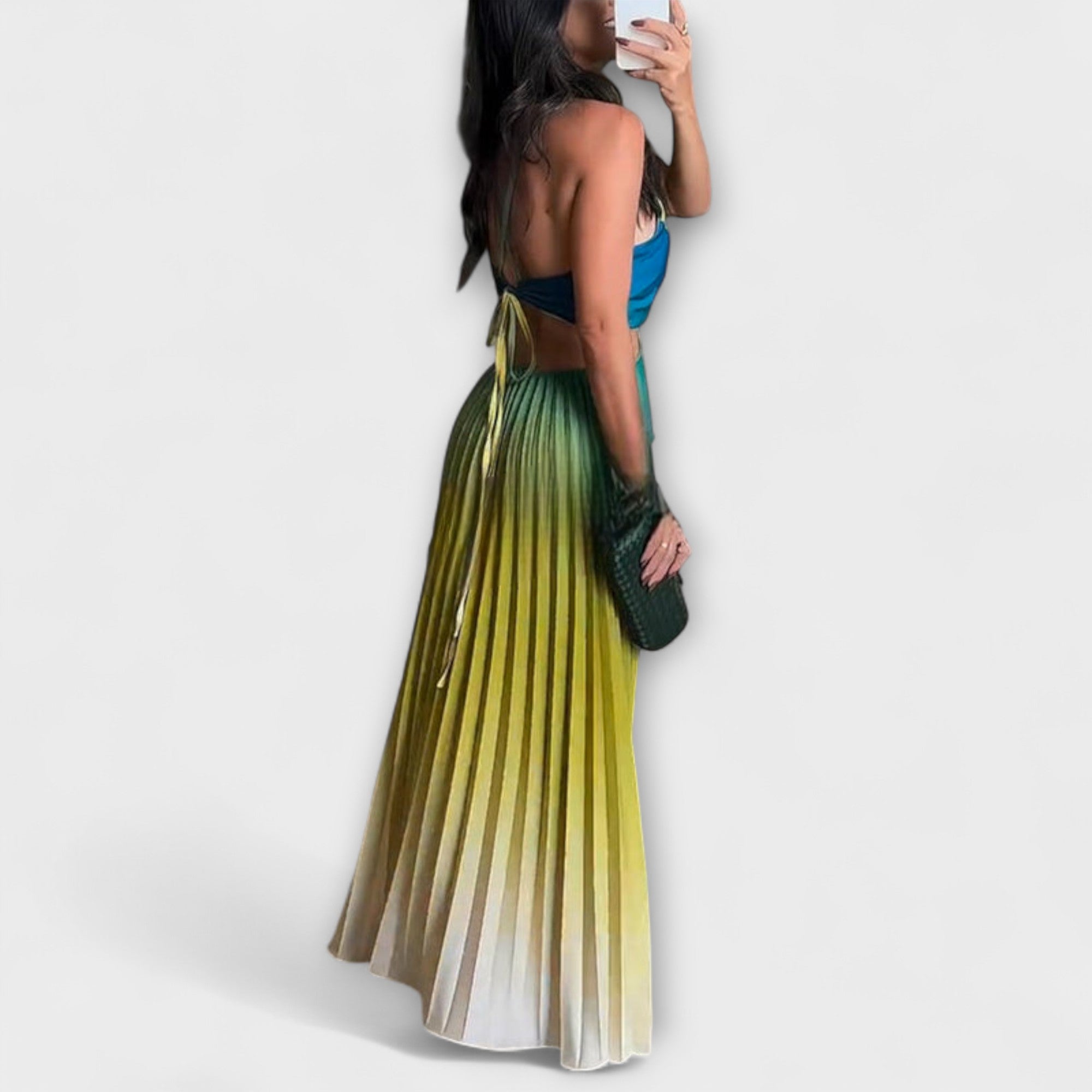Rückfreies ärmelloses Maxikleid mit Faltenrock, Farbverlauf Grün-Blau
