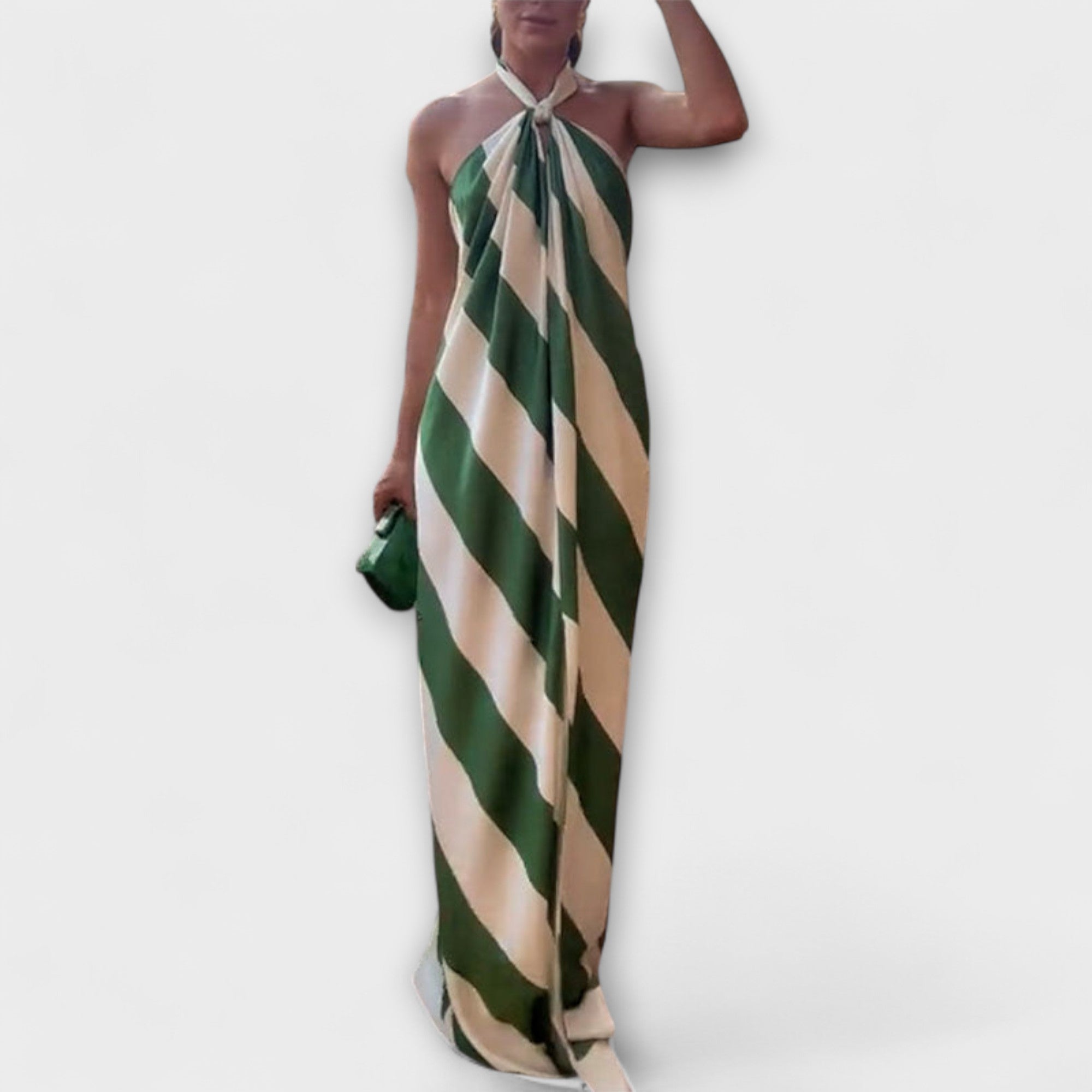 Maxikleid mit diagonalen Streifen, grüner und weißer Halter mit Knoten am Ausschnitt