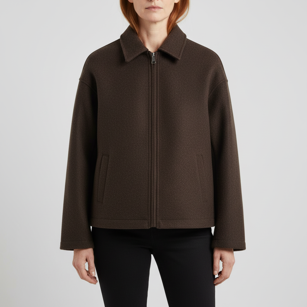 Braune Soft-Zip-Jacke mit Umlegekragen, Frontreißverschluss und aufgesetzten Taschen