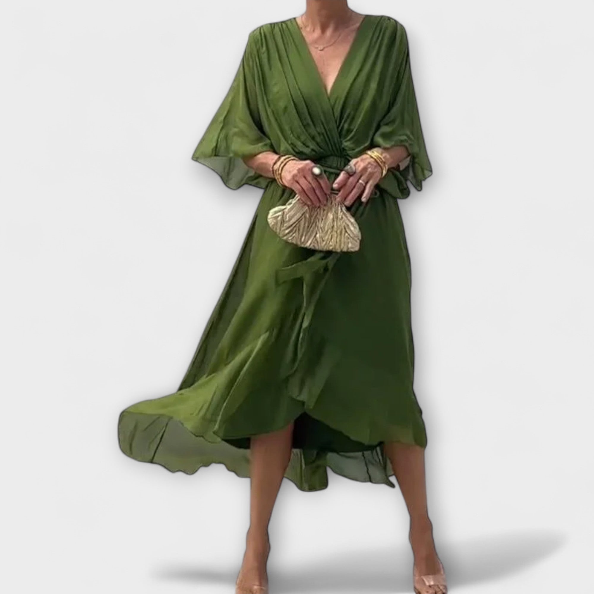 Chiffonkleid mit V-Ausschnitt, grün, locker drapiert, Taillengürtel zum Binden