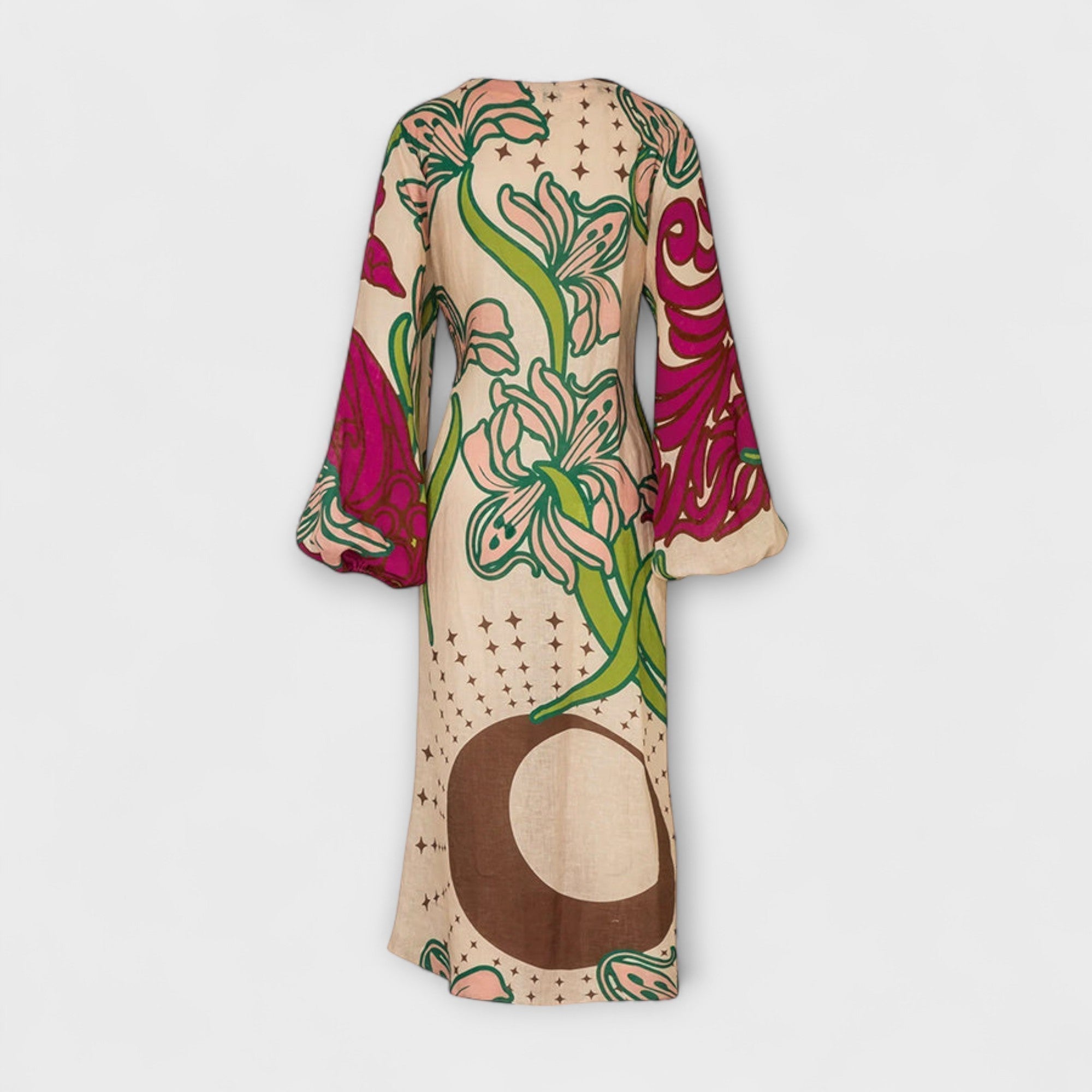 Bindetunika-Maxikleid im Rückschnitt, weite Ärmel, buntes Blumen- und Sternmuster