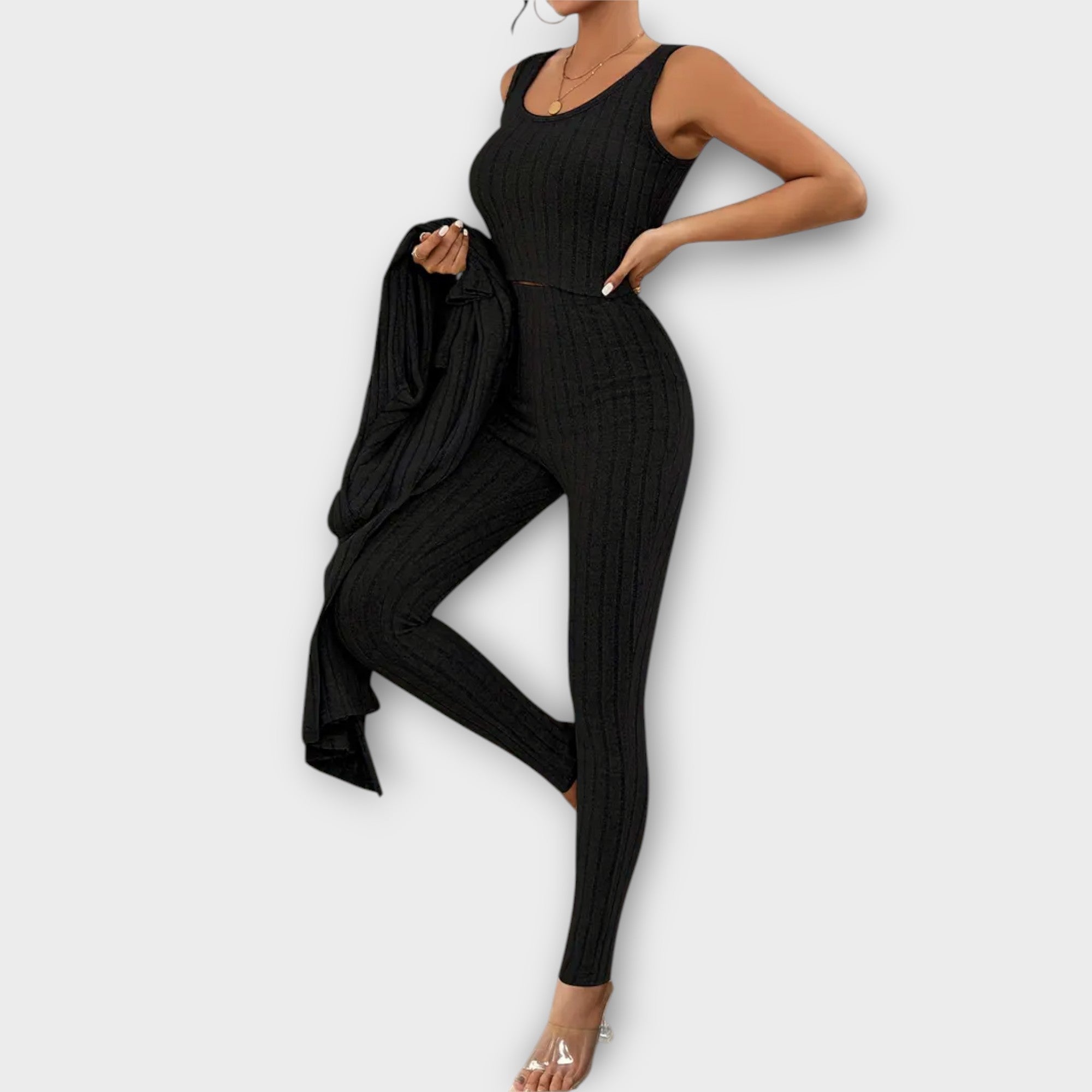 Dreiteiliges Strickset: ärmelloses Oberteil, Hose und langer offener Cardigan, schwarz