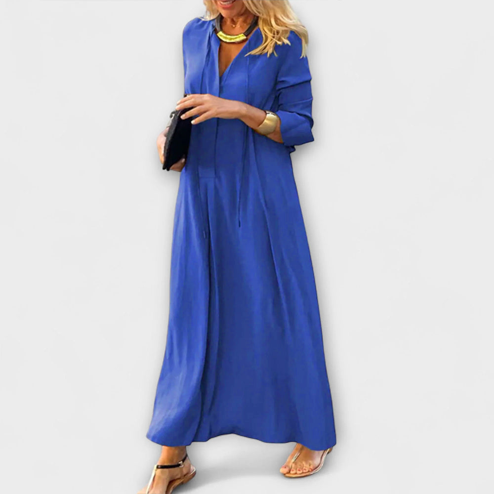 Bequemes Maxikleid mit V-Ausschnitt, langärmlig, locker fallend, blau