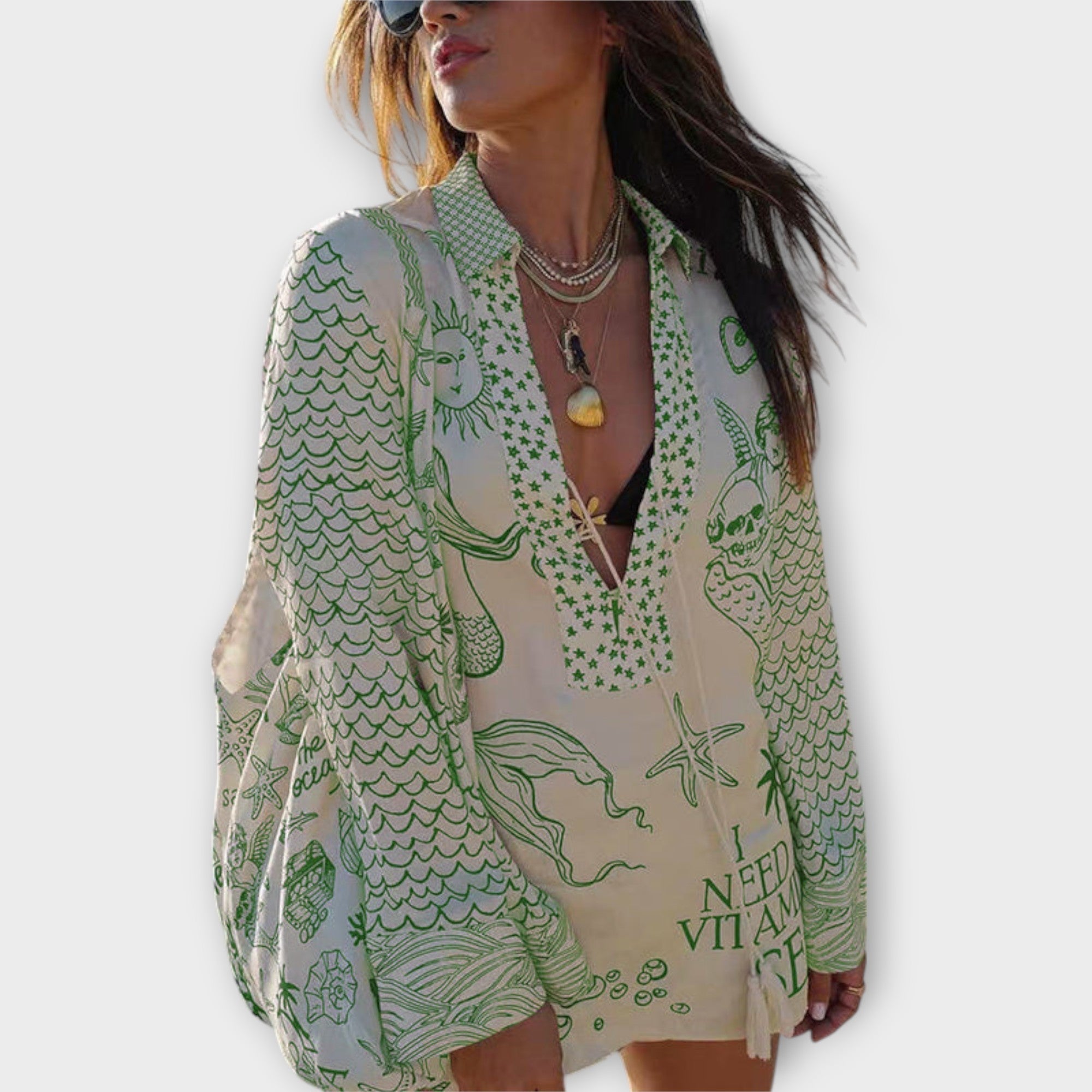 Satin-Shirt-und-Shorts-Set in grün mit Meerestier- und Wellenprint