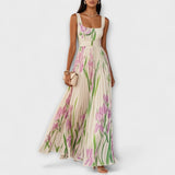 Chiffon-Maxikleid mit Blumenmuster, cremefarben mit rosa und grünem Blattprint