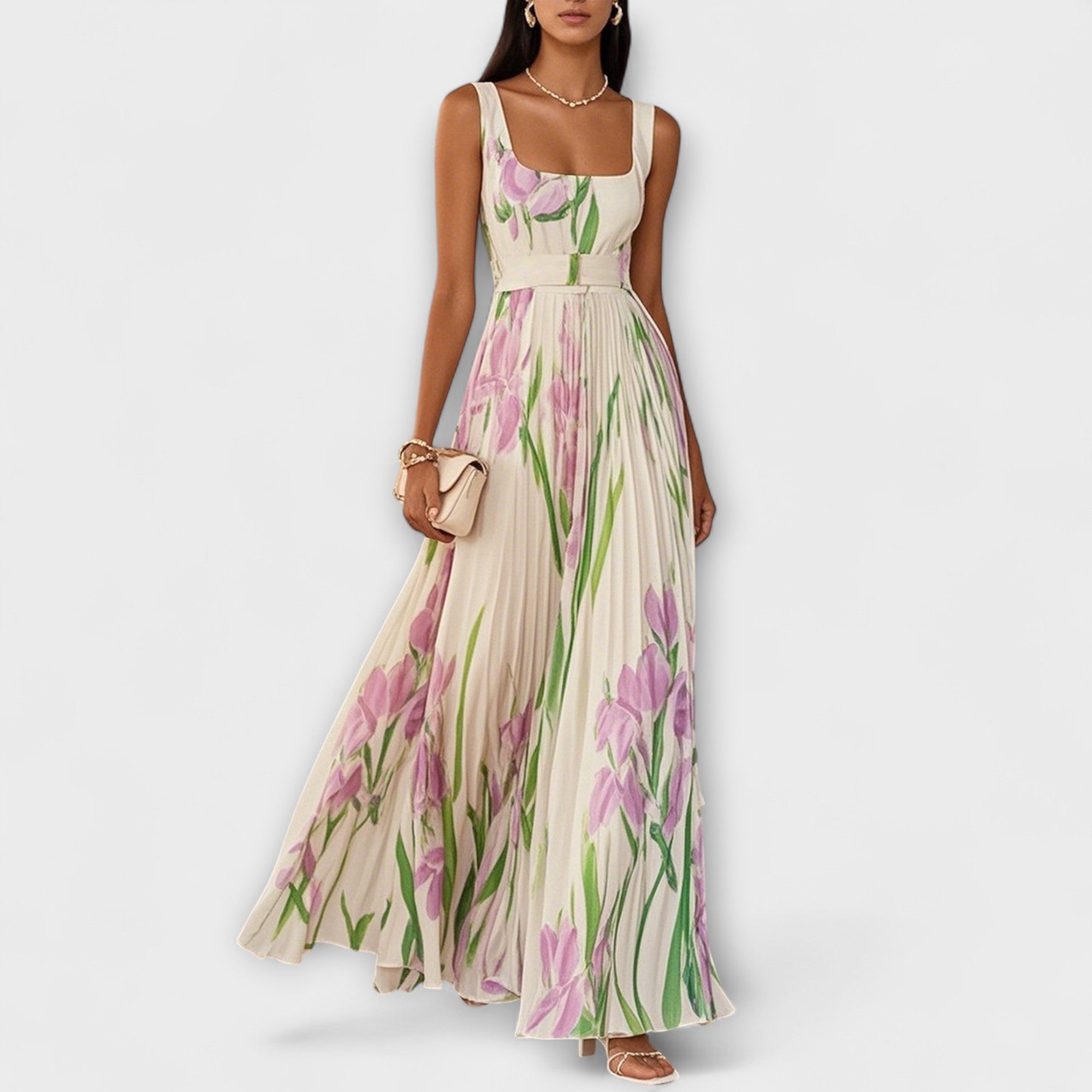 Chiffon-Maxikleid mit Blumenmuster, cremefarben mit rosa und grünem Blattprint