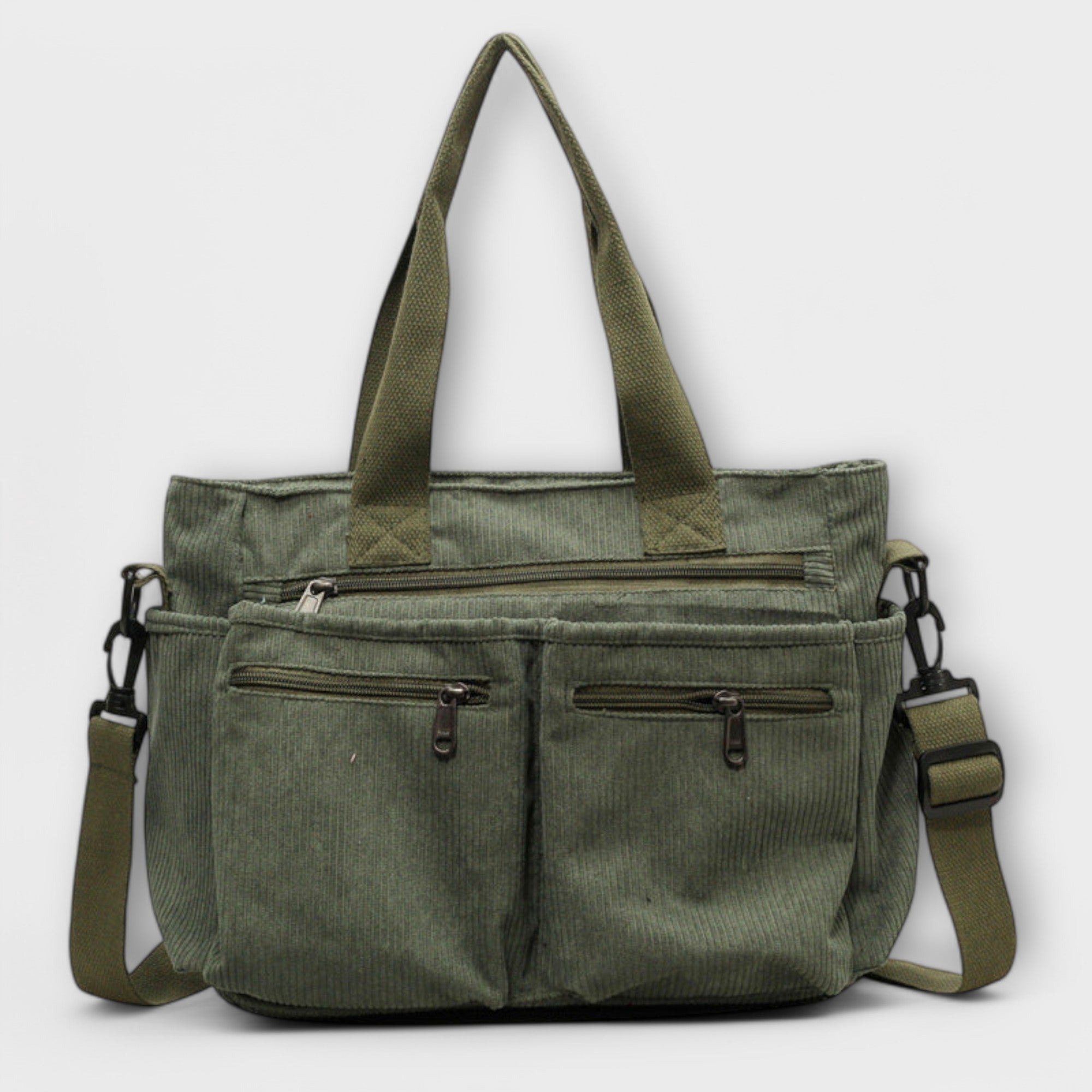 Grüne Tote Bag mit zwei Fronttaschen, Reißverschlüssen und gepolstertem Tragegriff