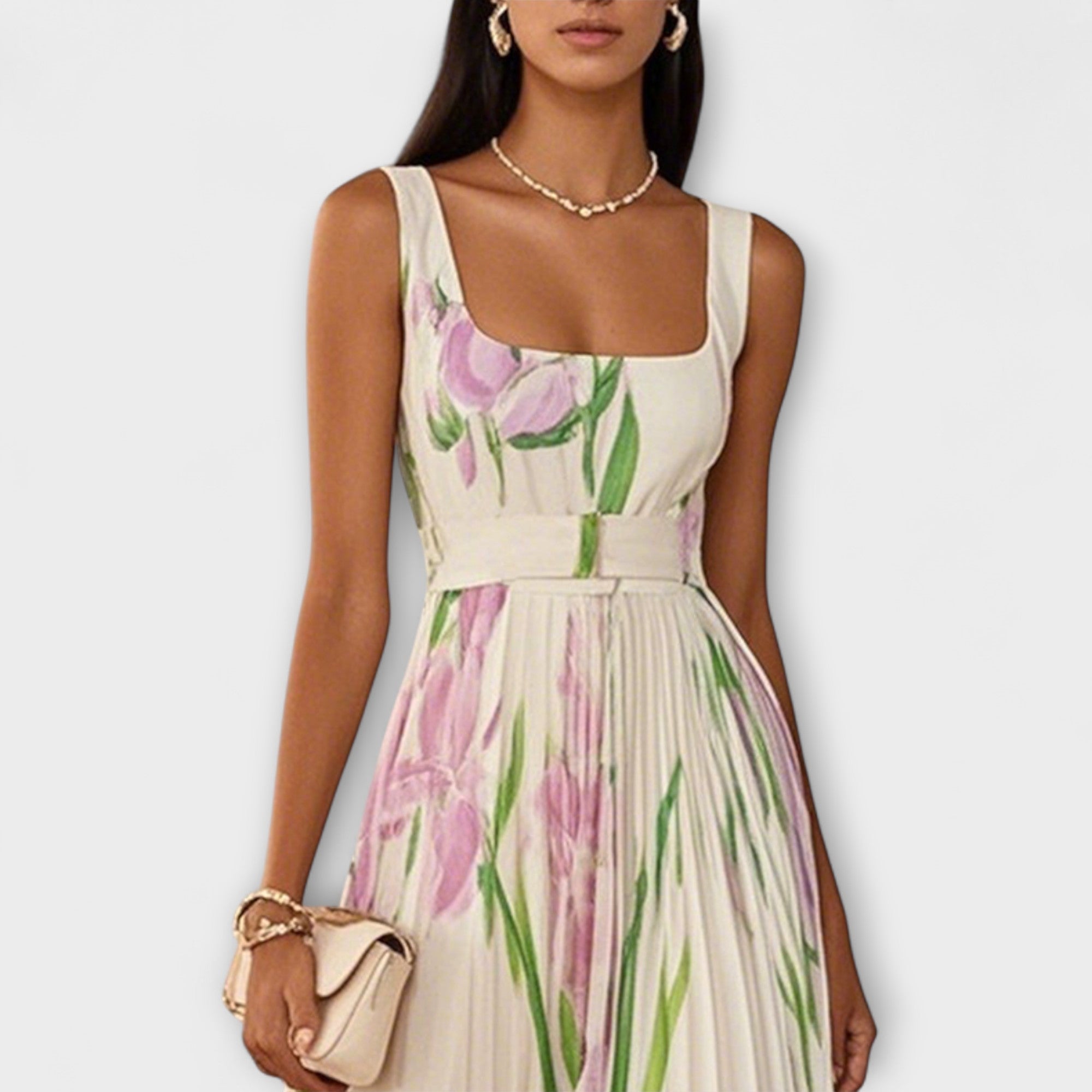 Chiffon-Maxikleid mit Blumenmuster, cremefarben, ärmellos und mit Taillengürtel