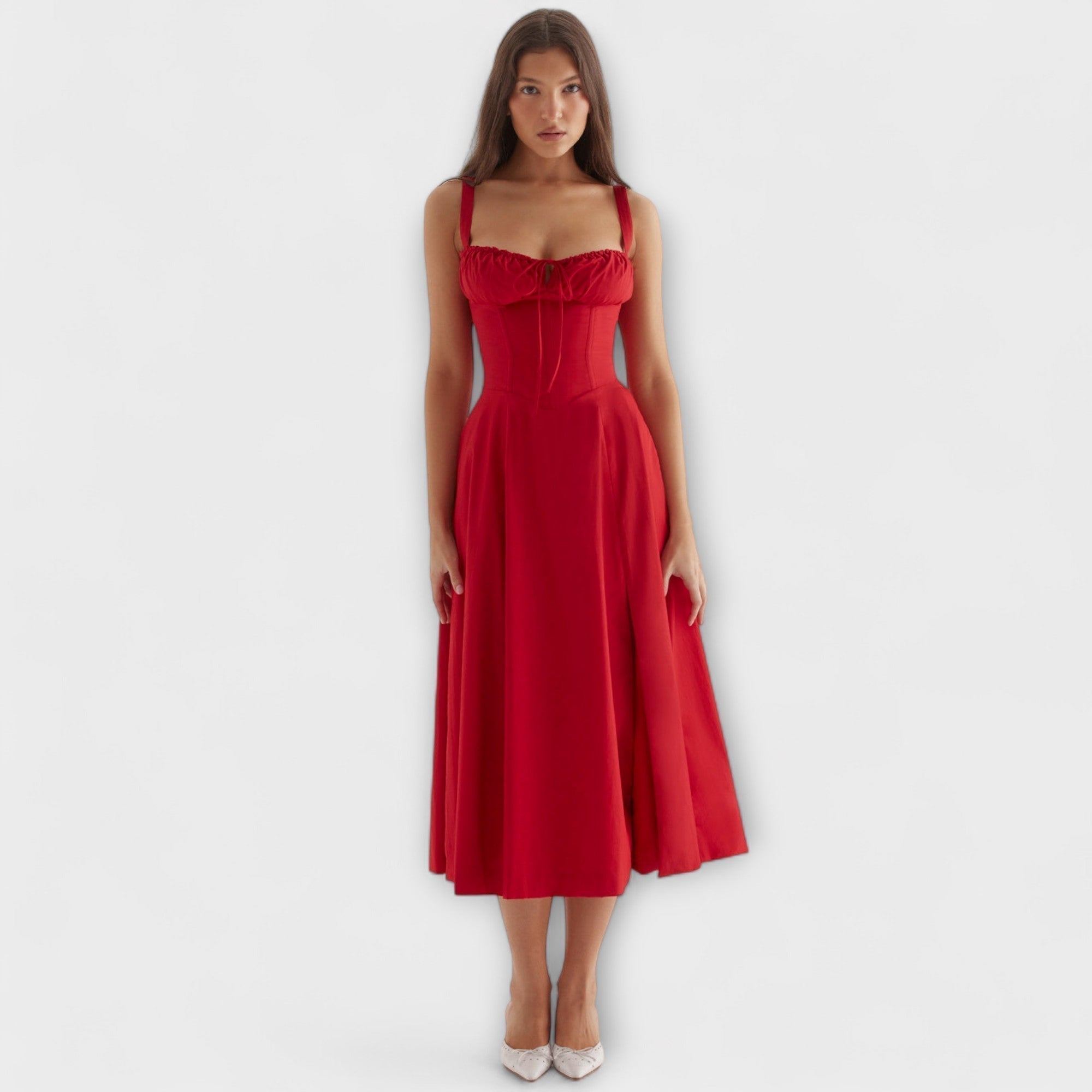 Zipporas Bustierkleid in Rot, geraffte Trägerpartie, A-Linien-Rock, knielang
