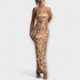 Maxi-Kleid mit floralen Pailletten und Spaghettiträgern, figurbetont