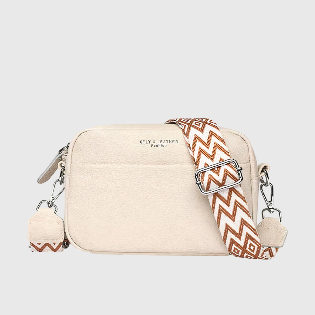 Beige Leder-Schultertasche mit Reißverschluss und Zickzack-Schultergurt