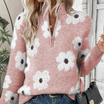 Pullover mit Reißverschlusskragen, rosa Strick mit weißen Blumenmustern und gerippten Bündchen