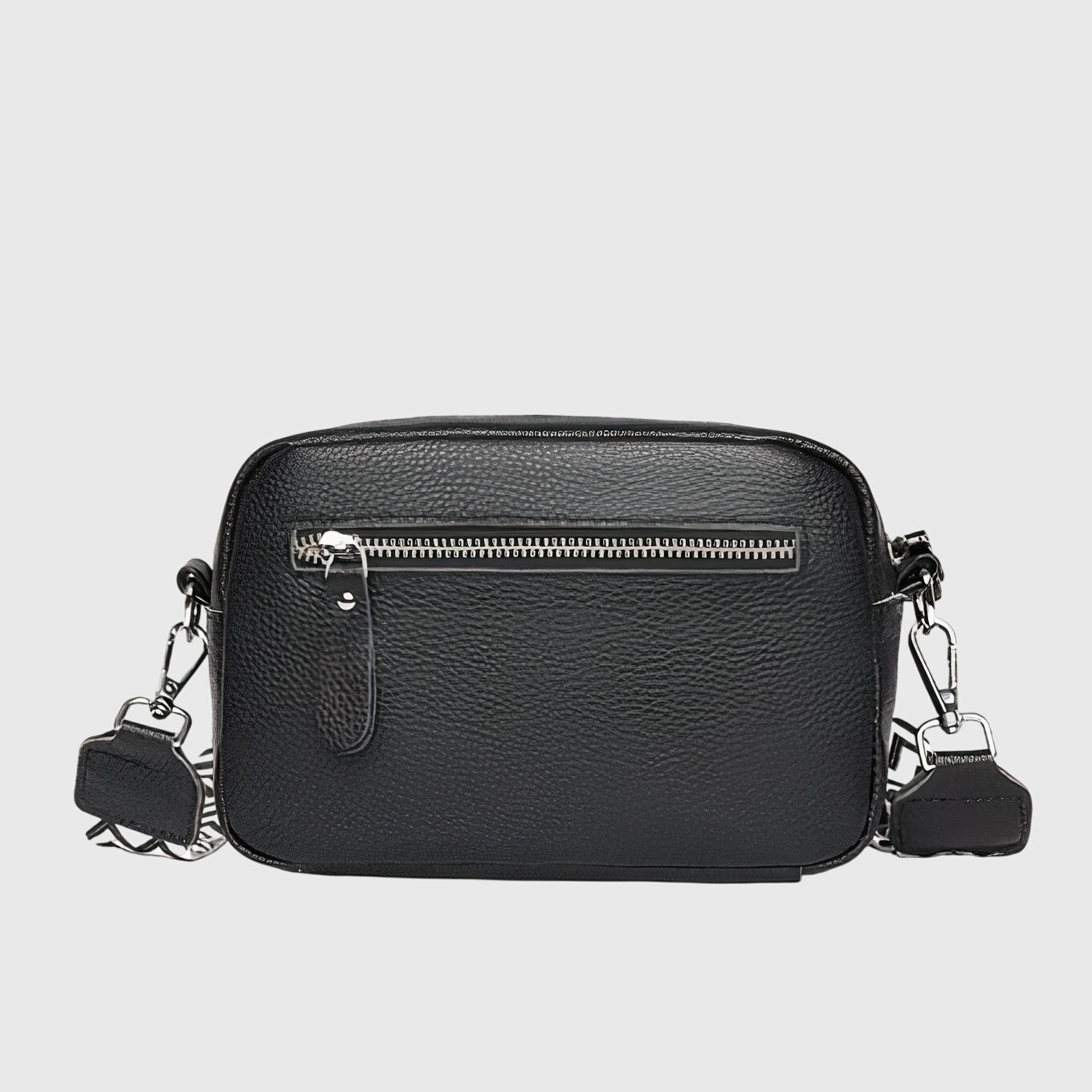 Schwarze Leder-Schultertasche mit Reißverschluss und Ketten-Schultergurten