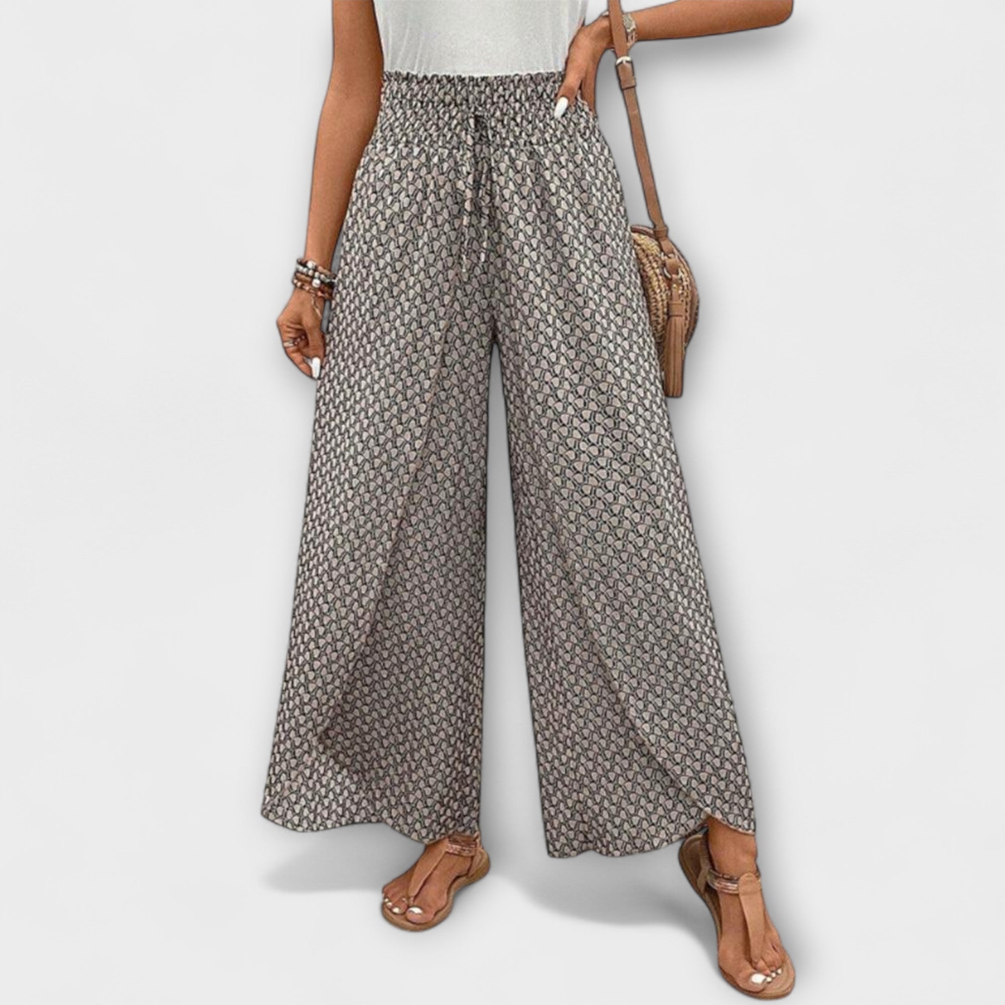 Palazzo-Hose hellgrau-beige mit kleinem Muster, breiter Bund, weit nach unten