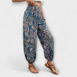 Hose mit blauem Paisley-Print und bunten Akzenten, elastischer Bund