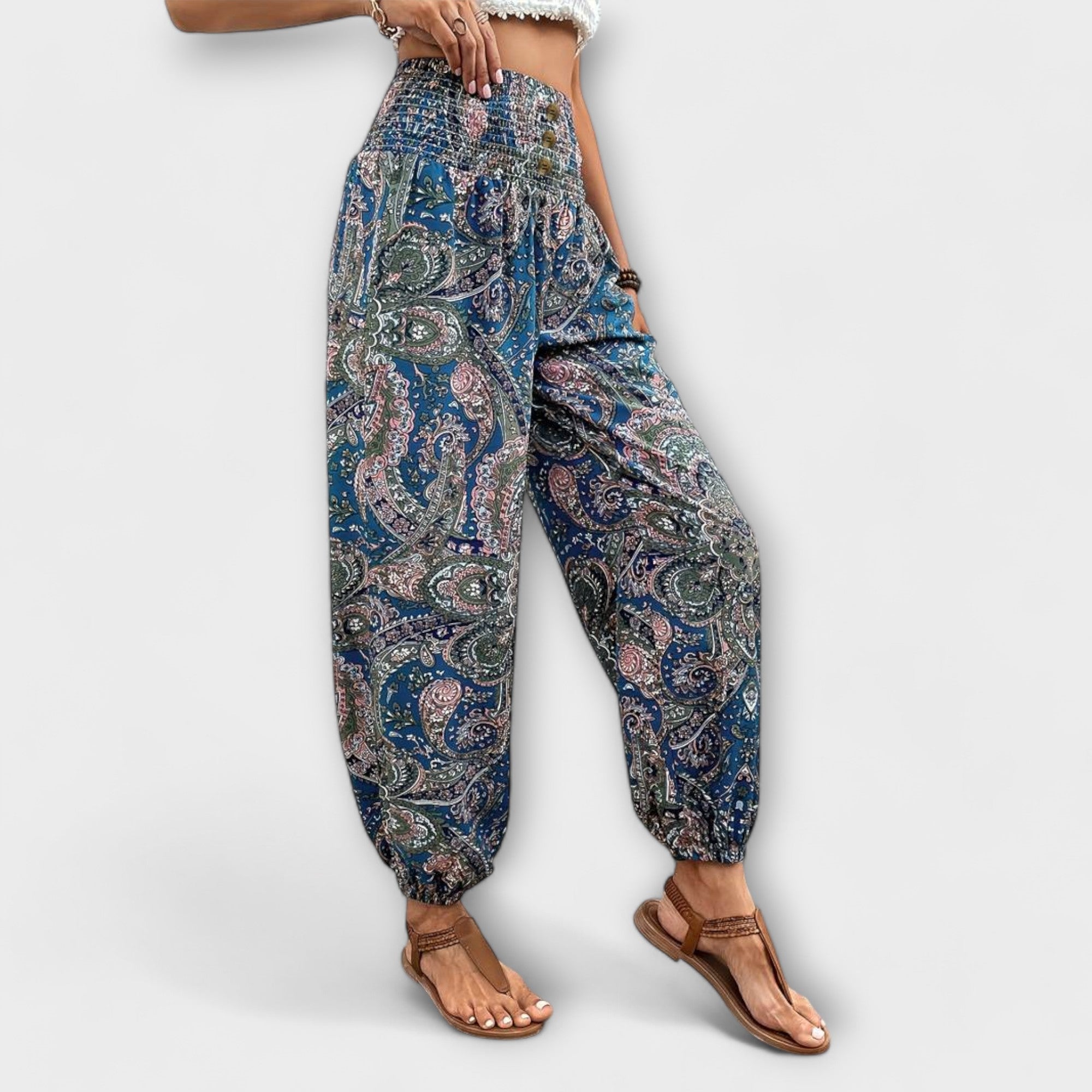 Hose mit blauem Paisley-Print und bunten Akzenten, elastischer Bund