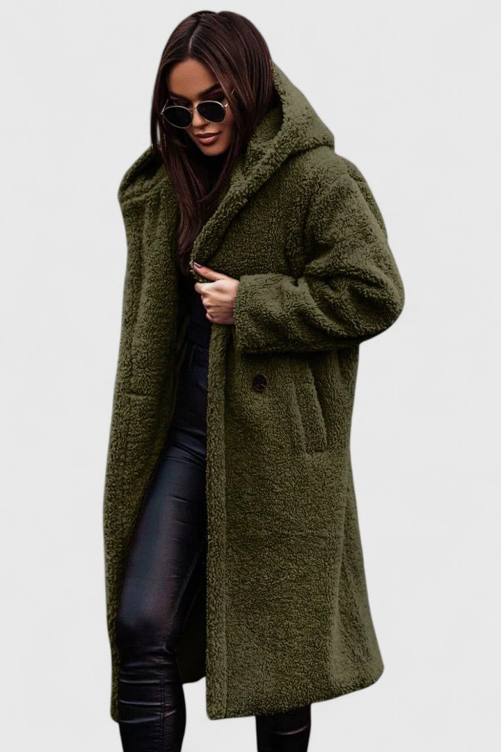 Lange Jacke mit Teddy-Felloptik, Reverskragen und Knopfverschluss, khaki-grün.