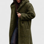 Lange Jacke mit Teddy-Felloptik, Reverskragen und Knopfverschluss, khaki-grün.