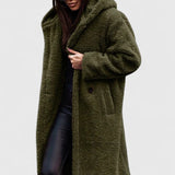 Lange Jacke mit Teddy-Felloptik, Reverskragen und Knopfverschluss, khaki-grün.