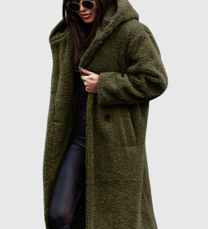 Lange Jacke mit Teddy-Felloptik, Reverskragen und Knopfverschluss, khaki-grün.