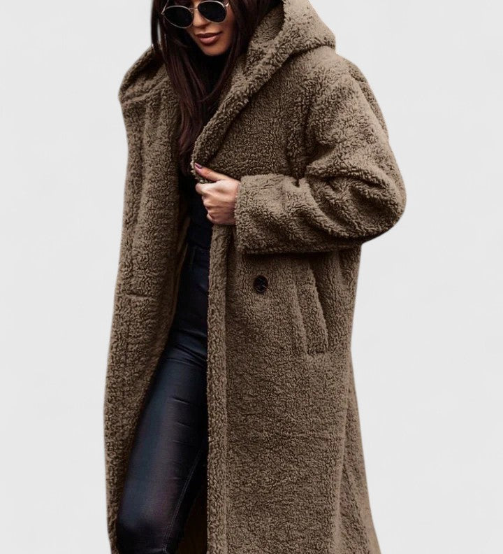 Lange Jacke mit Teddy-Felloptik, Reverskragen und Knopfverschluss, hellbraun.