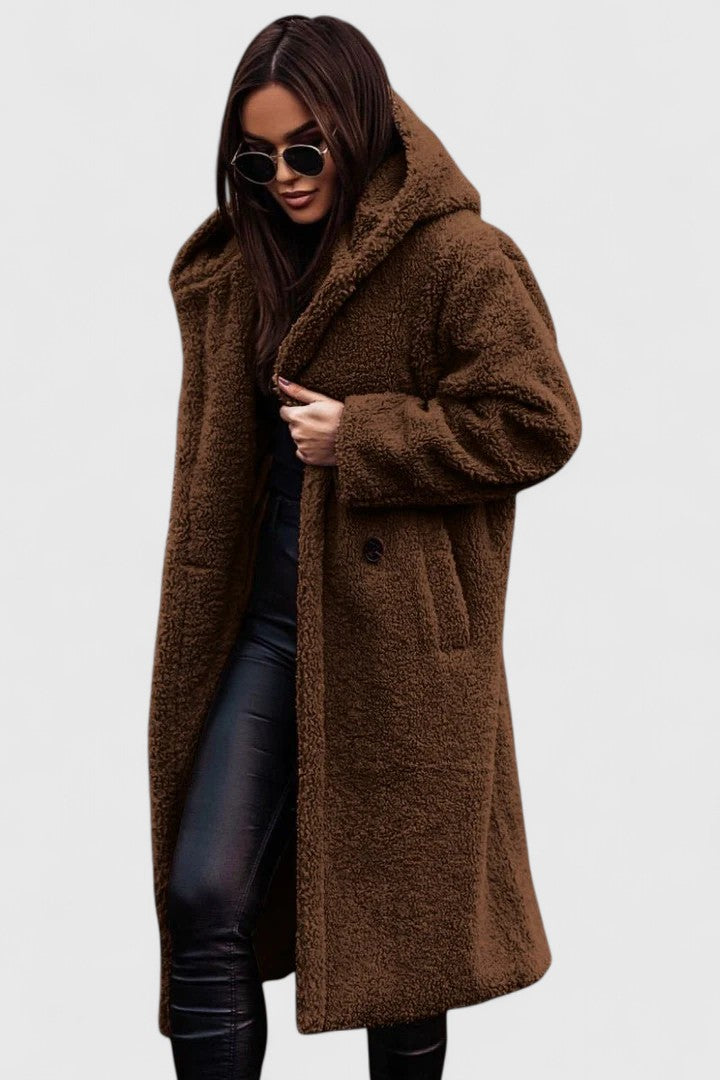 Lange Jacke mit Teddy-Felloptik, Reverskragen und Knopfverschluss, braun.