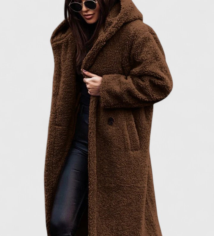 Lange Jacke mit Teddy-Felloptik, Reverskragen und Knopfverschluss, braun.