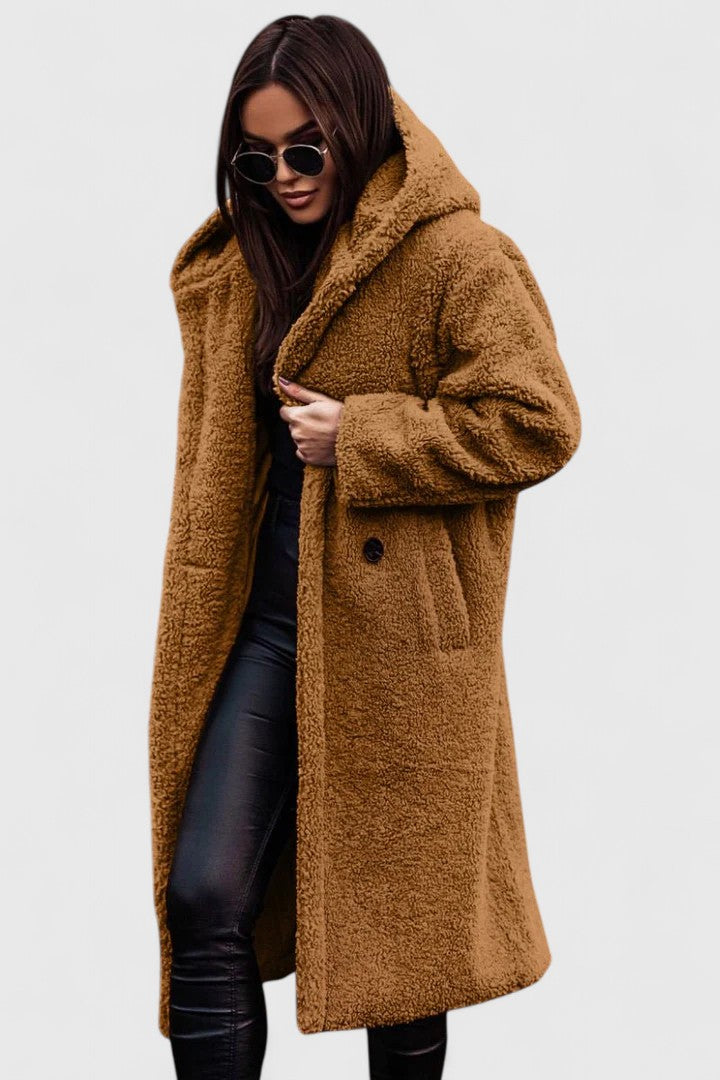 Lange Jacke mit Teddy-Felloptik, Reverskragen und Knopfverschluss, goldbraun.