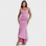 Langes Korsettkleid in Rosa mit eckigem Ausschnitt, Trägern und gerafftem Rocksaum