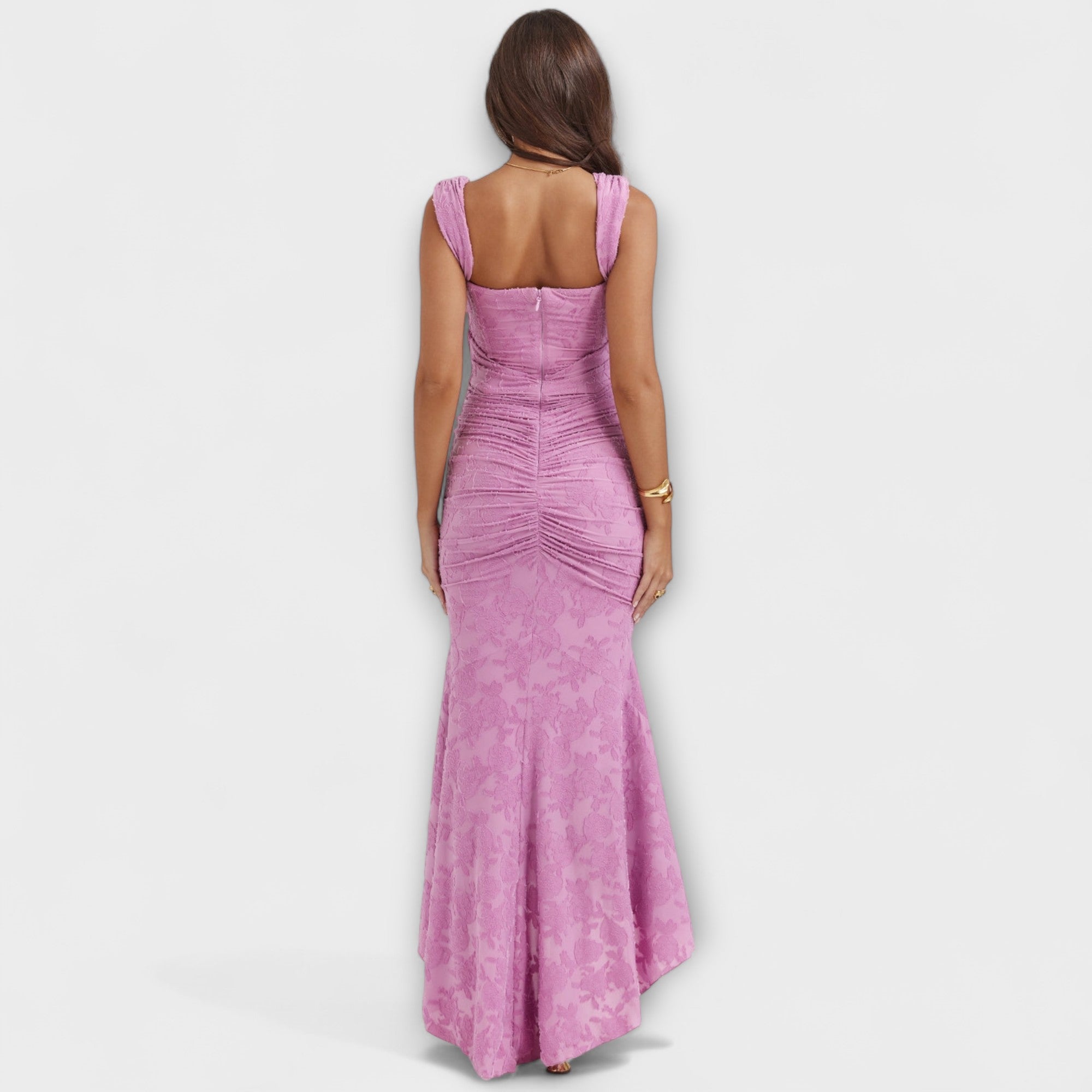 Rückansicht: langes Korsettkleid in Rosa mit schmalen Trägern und geraffter Rückenpartie