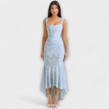 Helles himmelblaues langes Kleid mit quadratischem Ausschnitt, tailliertem Korsett und Rocksaum