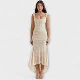Langes Korsettkleid in Beige mit Trägern, geraffter Taille und schwingendem Rock