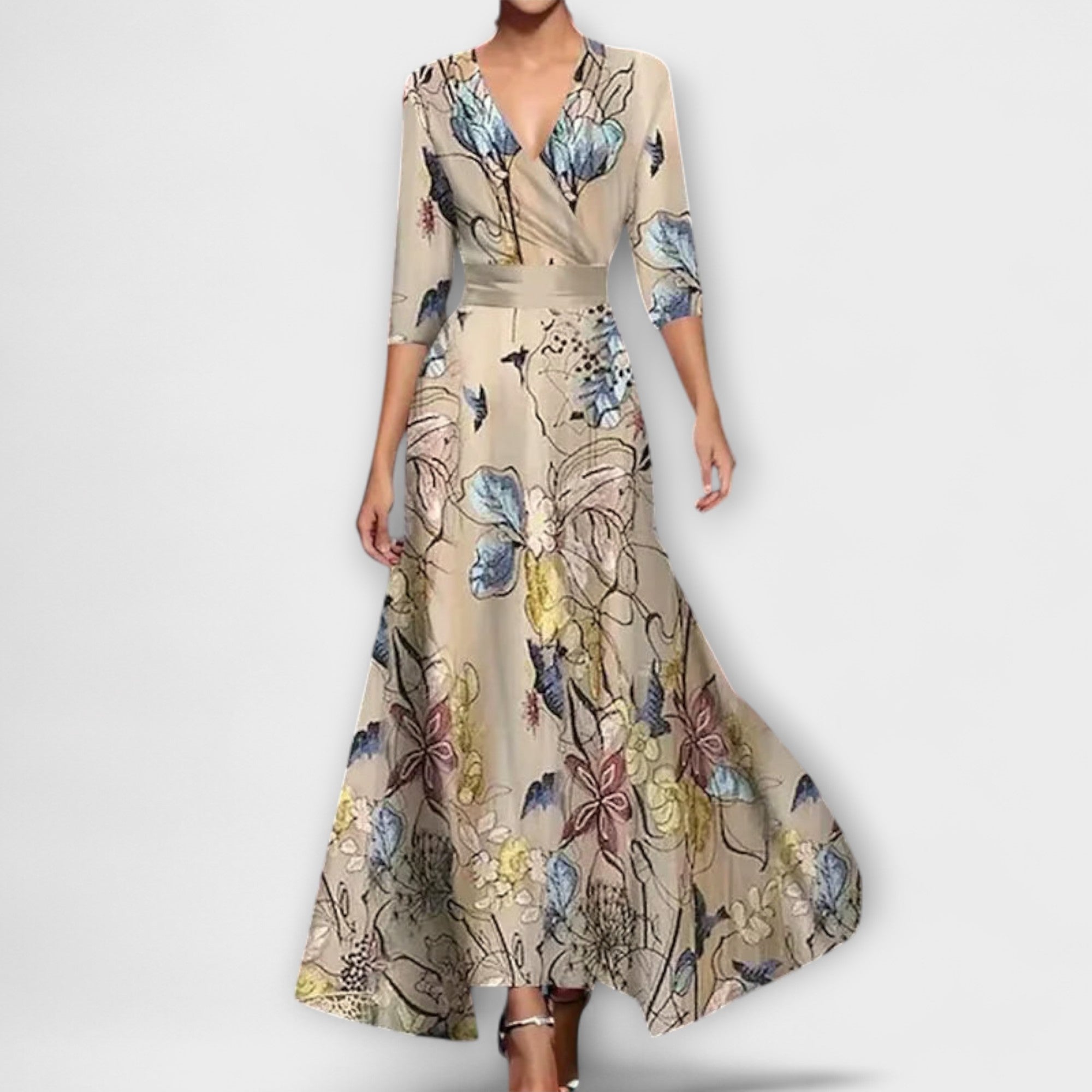 Damenkleid mit V-Ausschnitt, beigem Blumenmuster, 3/4-Ärmeln und Taillengürtel