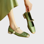 Grüne orthopädische Mary Janes mit Knöchelriemchen, Blockabsatz und goldener Zehenpartie