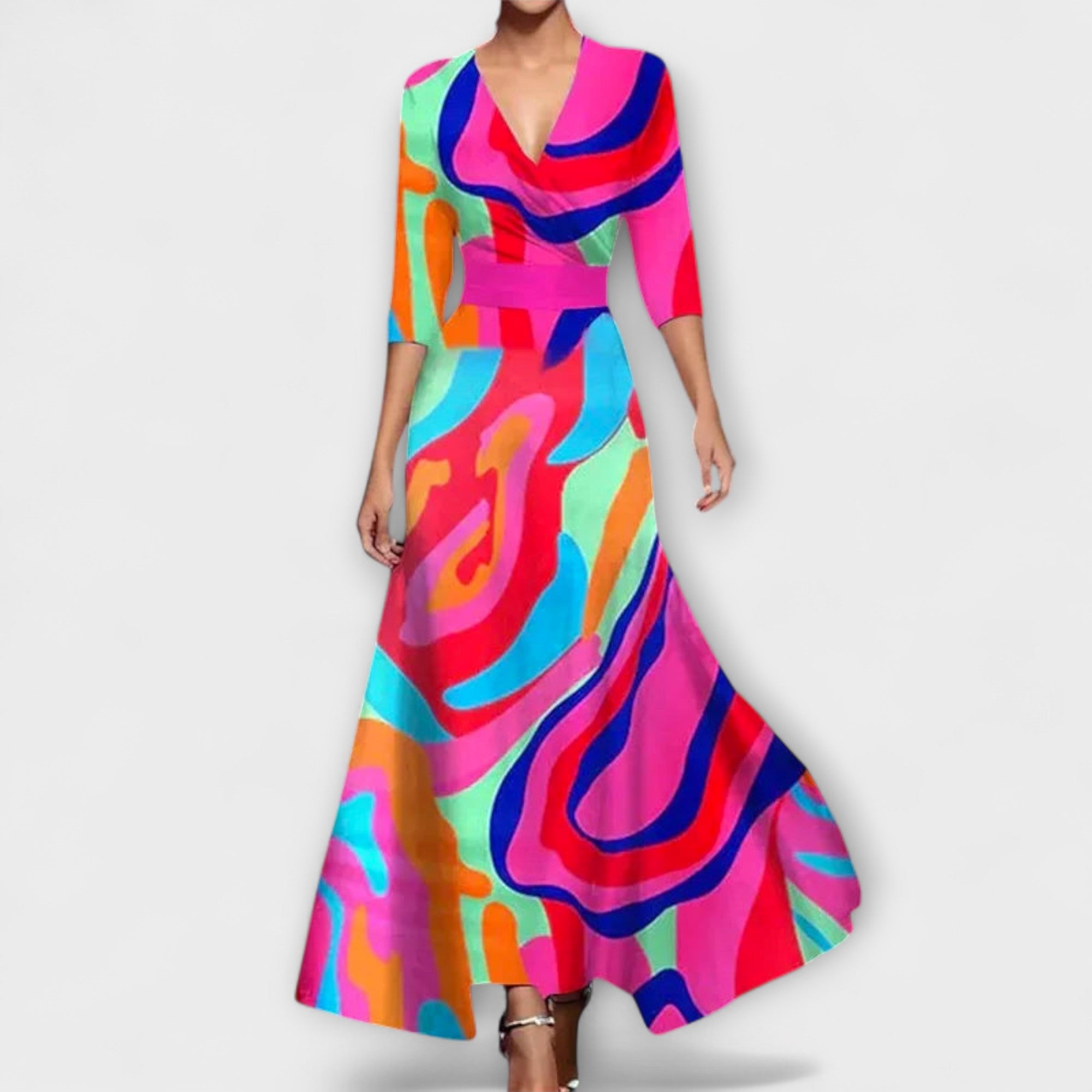 Damenkleid mit V-Ausschnitt, bunt abstraktem Muster, 3/4-Ärmeln und Taillengürtel