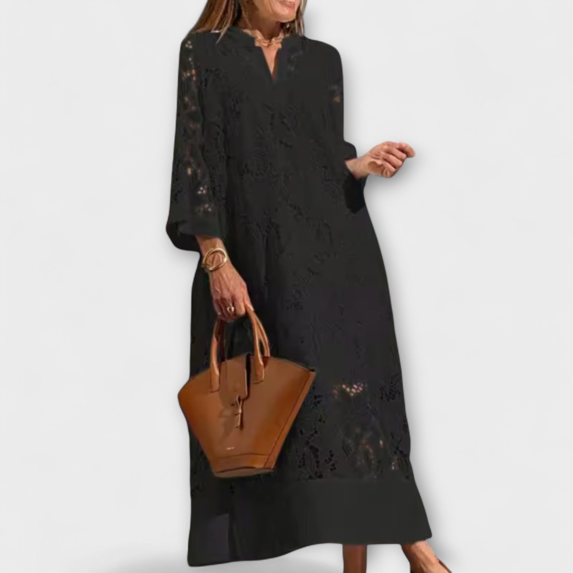 Valmere besticktes Kleid aus Spitze, V-Ausschnitt, schwarzer Farbe