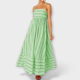Maxi-Kleid mit Spaghettiträgern, grün geringelt, geraffter Oberteil und weiter Rock