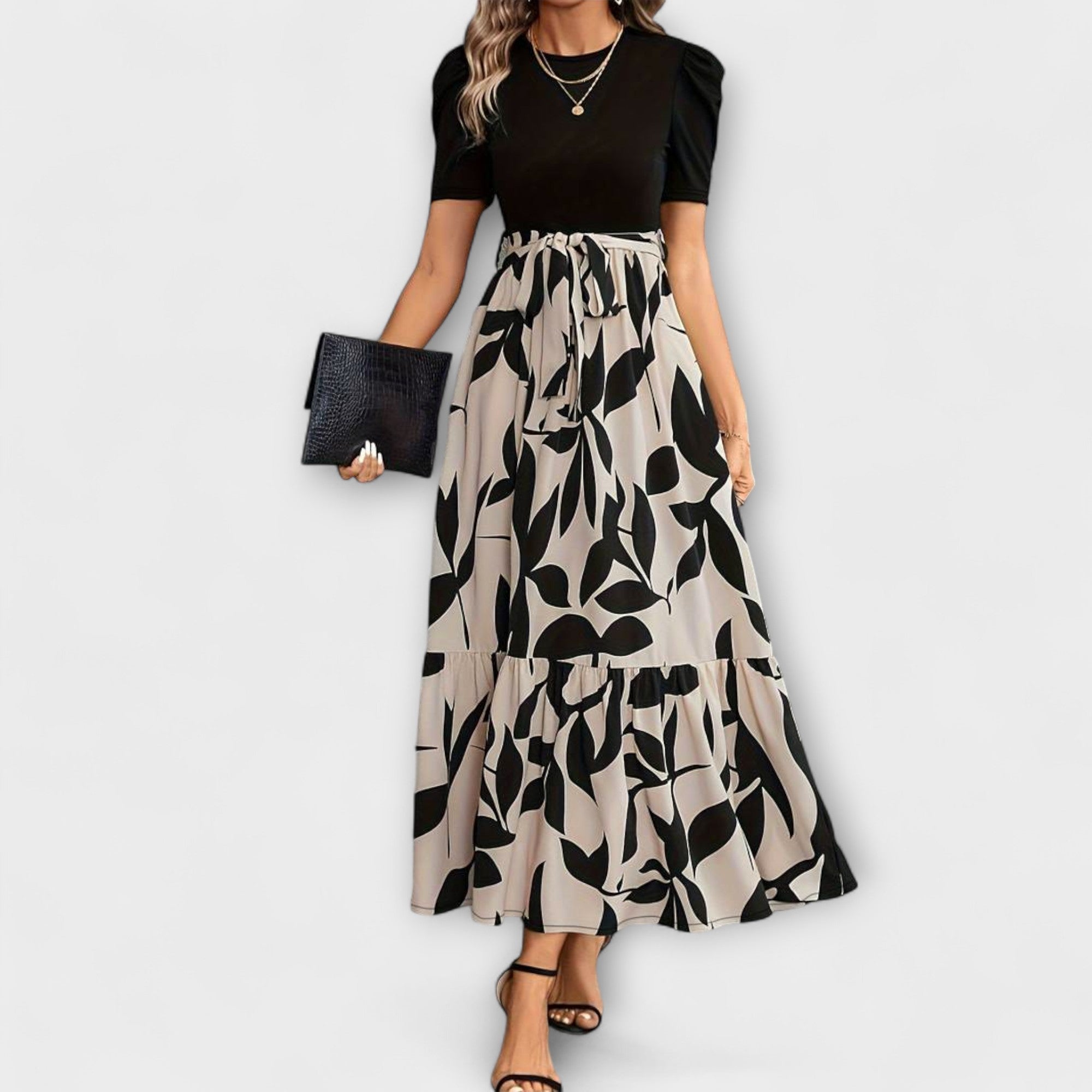 Sommerkleid mit Blumenmuster, Rundhalsausschnitt, schwarz/creme, kurze Ärmel