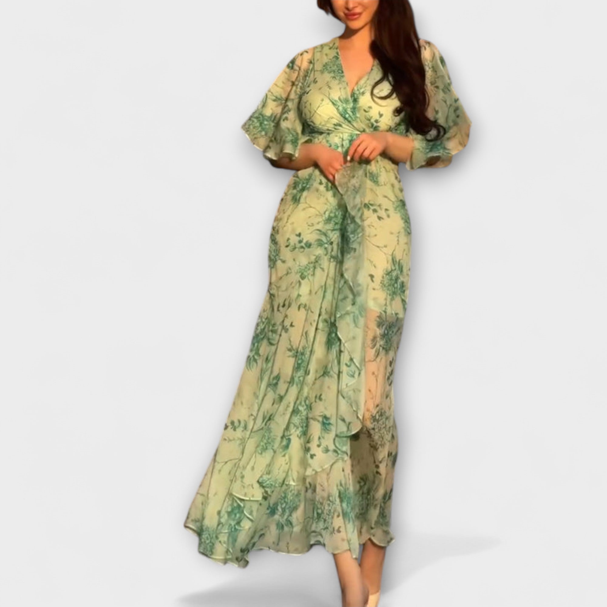 Lana Blumen-V-Ausschnitt-Kleid, fließender Schnitt mit Rüschensaum und Gürtel, hellgrün