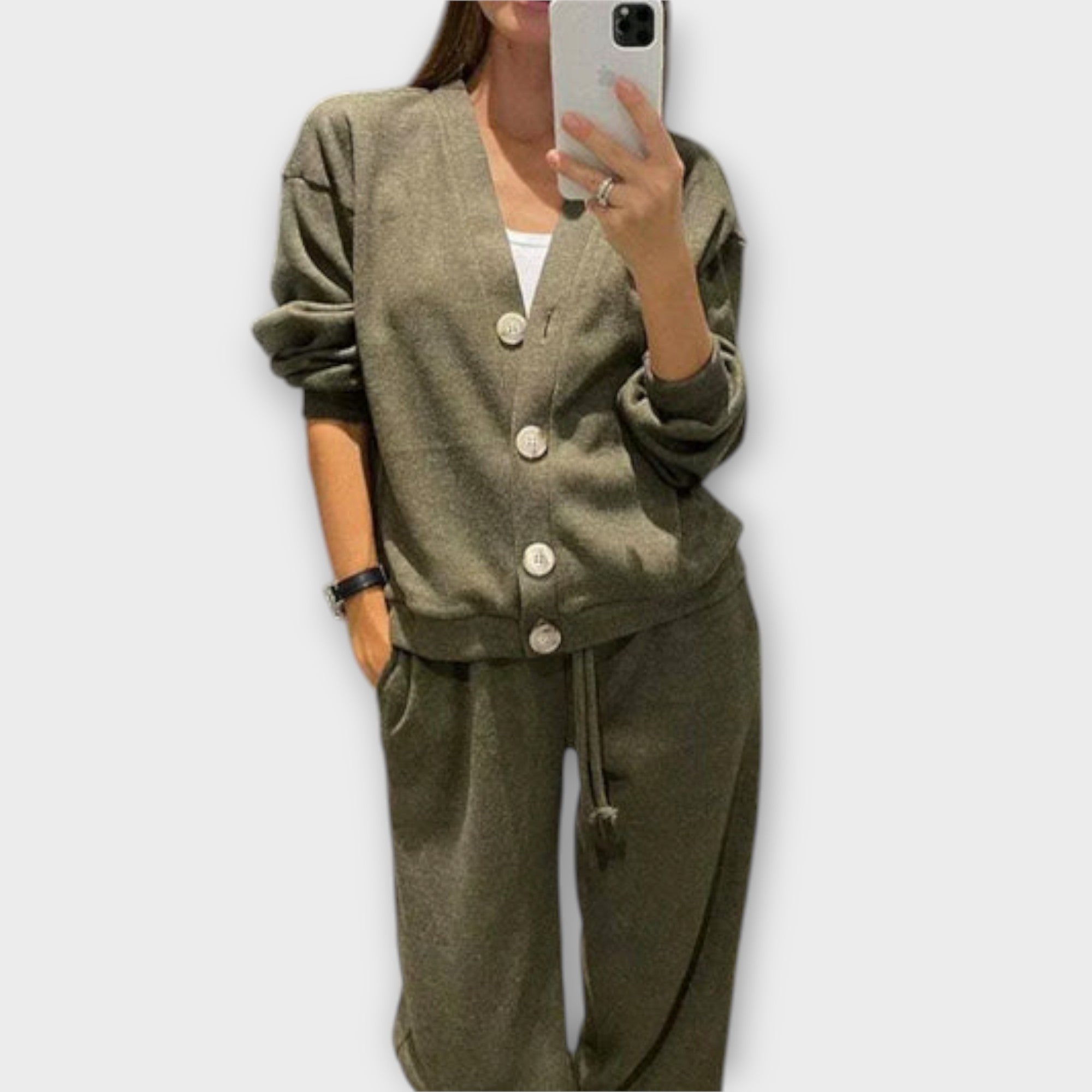Olives Cardigan-Set mit Knopfleiste und Kordelzughose