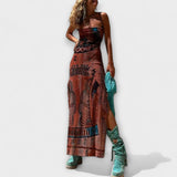 Gemustertes Midikleid mit Trägern und türkisfarbenen Fransen-Details