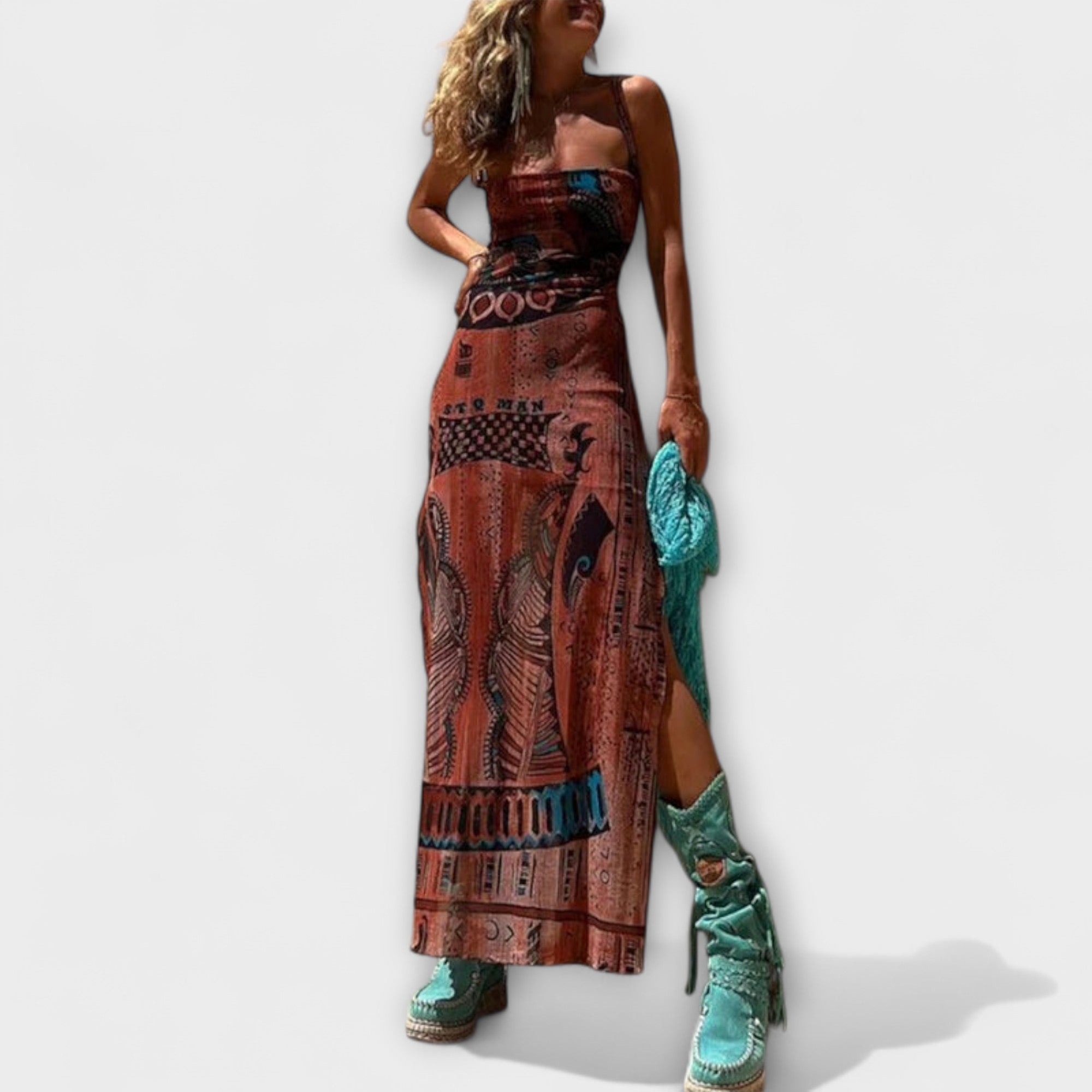 Gemustertes Midikleid mit Trägern und türkisfarbenen Fransen-Details